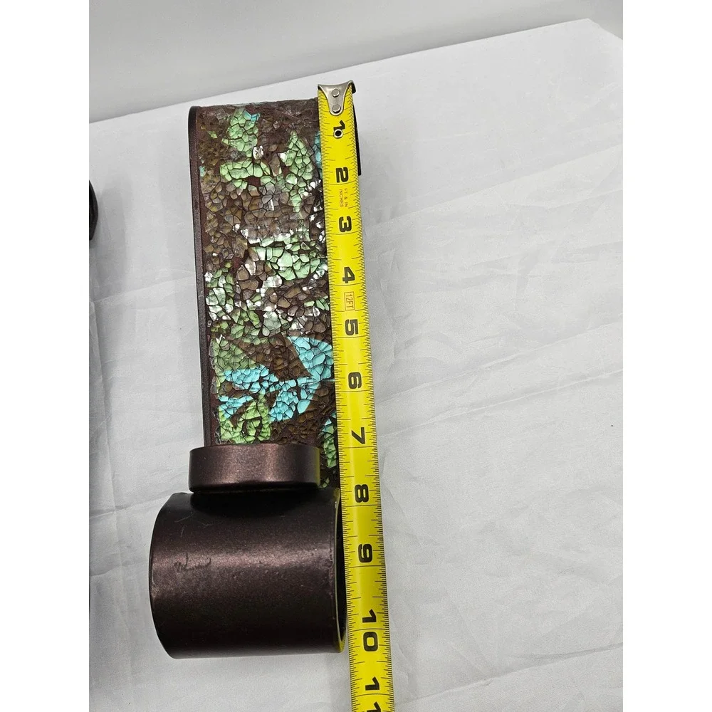 Mosaic Glass Leaf Wall Sconce Pair Bronze Metal Teal Green Votive Candle Holder